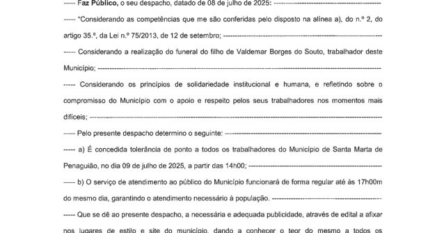 Tolerância de Ponto a partir das 14h, do dia 09 de julho de 2025